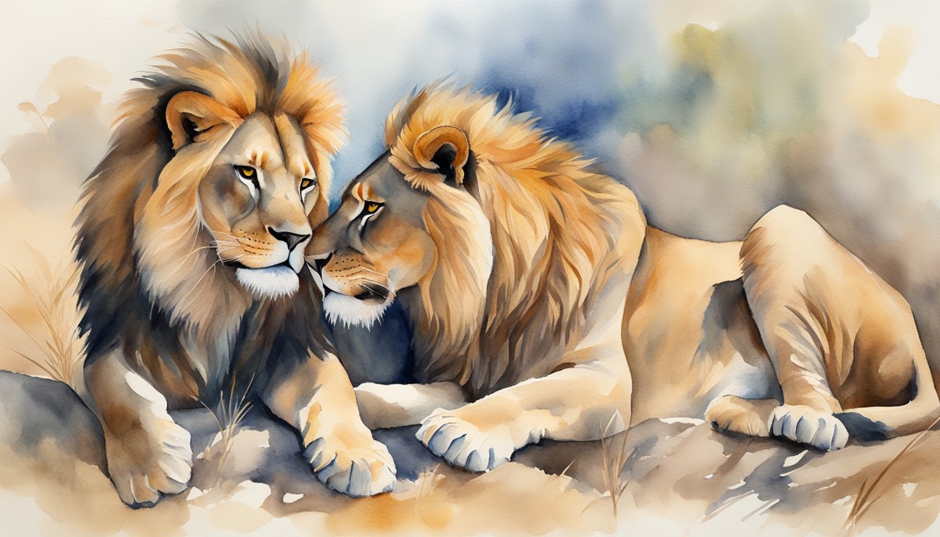 Lions mate multiple times a day.</p><p>A male lion approaches a female, nuzzling and grooming her before mating.</p><p>The pair then rests together, exhibiting social dynamics and survival instincts