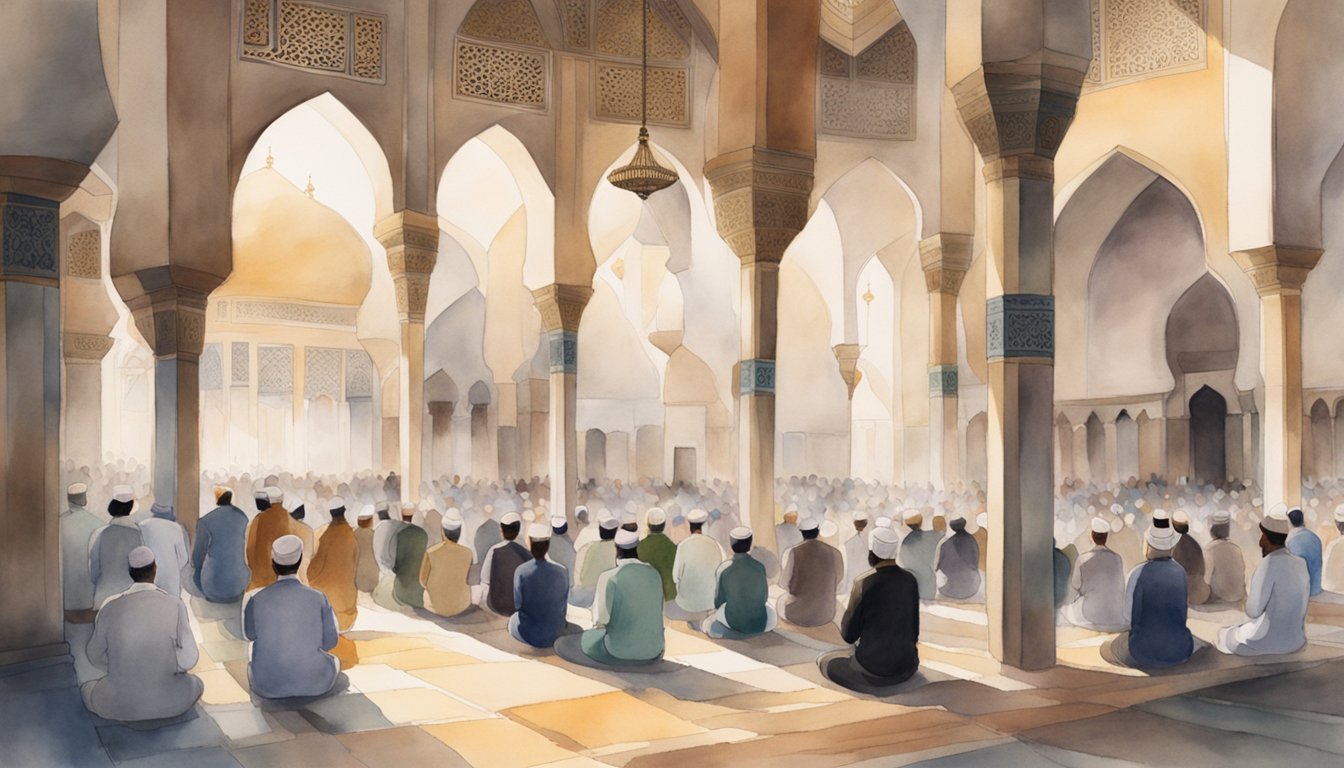 A group of people gathering in a mosque for Jumah prayer, with the imam leading the congregation in worship.</p><p>The atmosphere is serene and reverent, with the sound of recitations filling the air