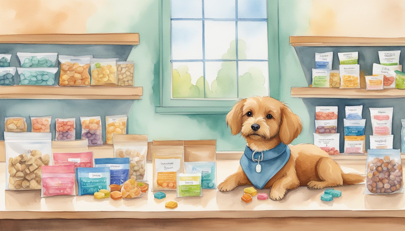 A small dog eagerly sits in front of a variety of healthy treats, including small, bite-sized options.</p><p>The treats are displayed on a clean, organized surface, with vibrant packaging and clear labeling