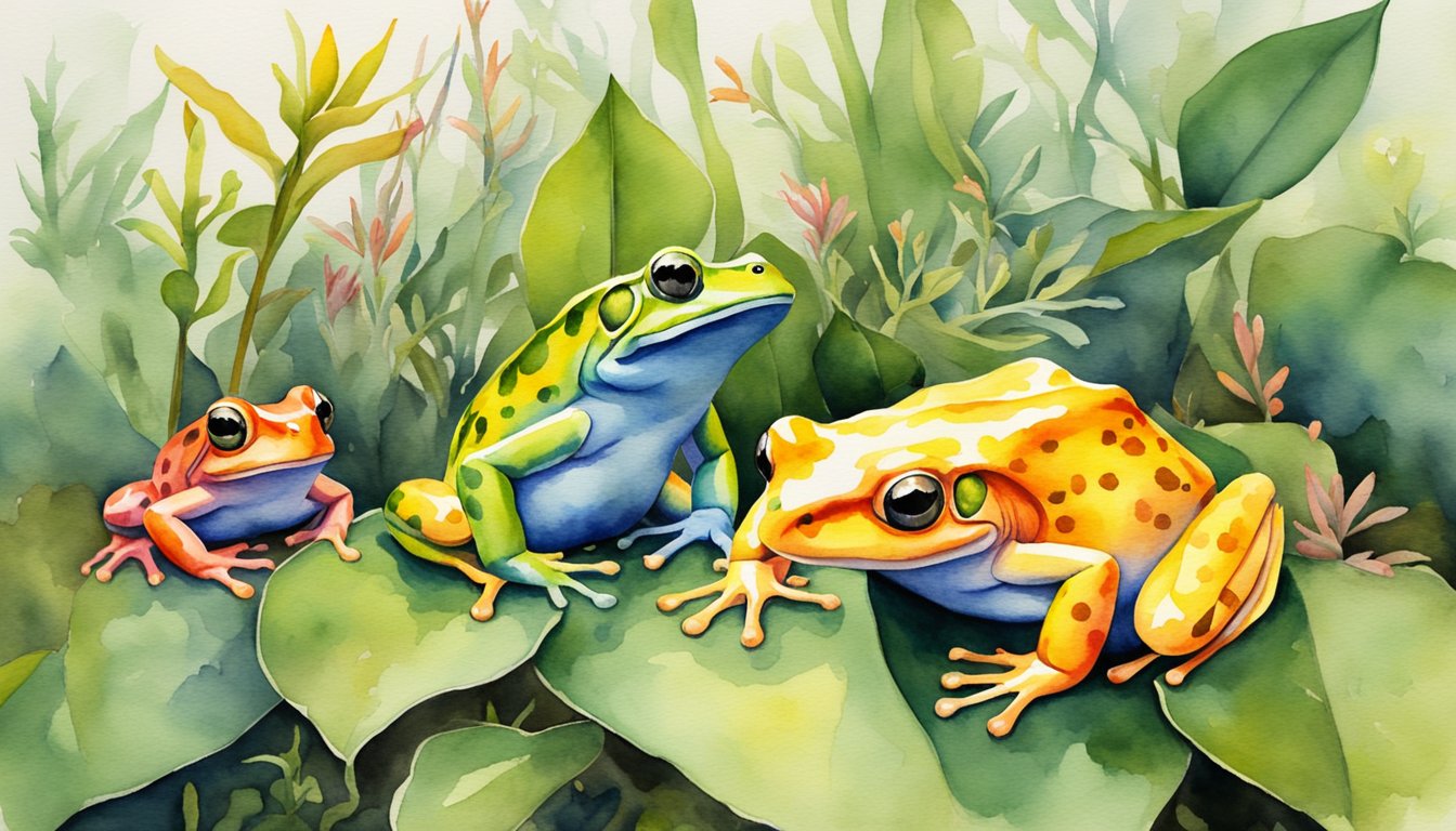 A group of poisonous frogs gather near a patch of vibrant, toxic plants, their bright colors serving as a warning to potential predators