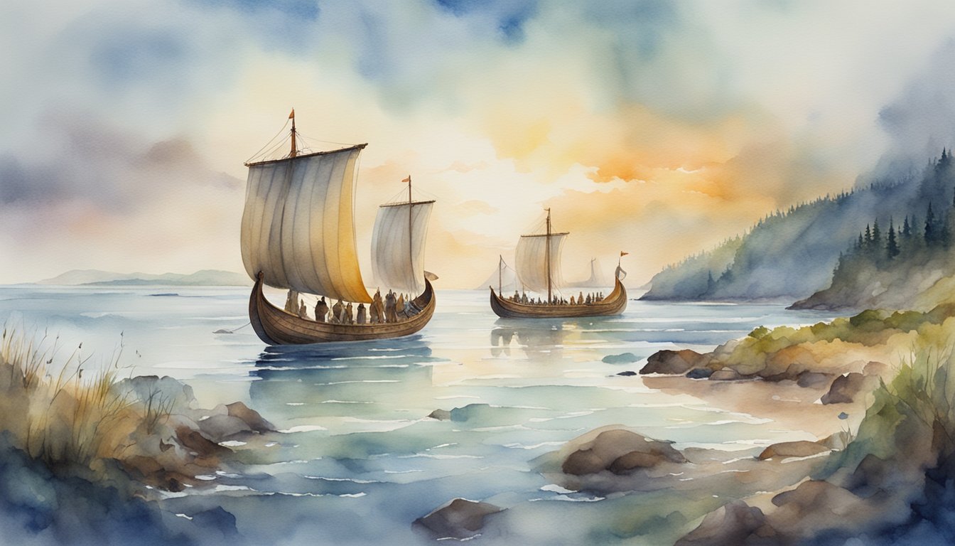 Viking ships land on the shores of America, trading goods with indigenous people and exchanging cultural knowledge, leaving a lasting legacy