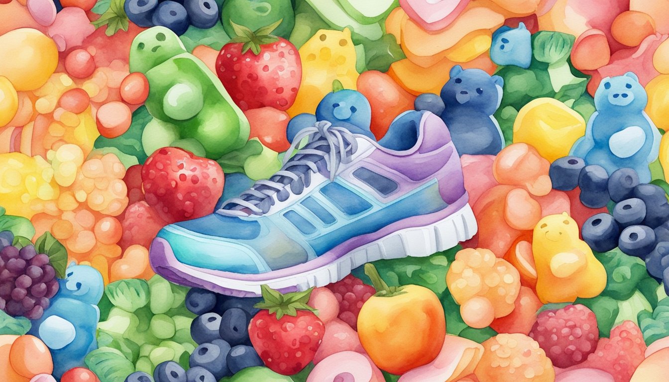 A colorful pile of gummy bears surrounded by fruits and vegetables, a water bottle, and a pair of running shoes