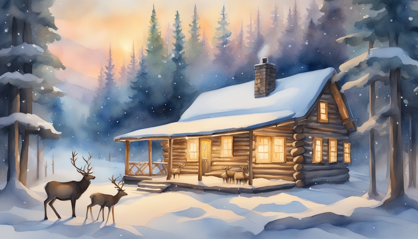 A cozy log cabin nestled in a snowy forest, smoke billowing from the chimney, surrounded by reindeer and twinkling lights