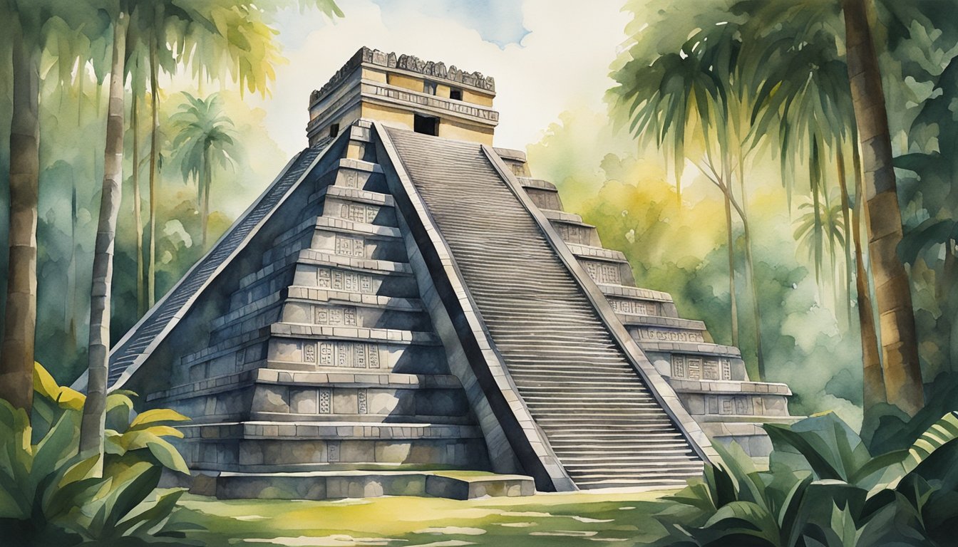 The towering pyramids of Mayan architecture rise against the backdrop of a lush jungle, their intricate stone carvings and geometric patterns catching the light of the sun