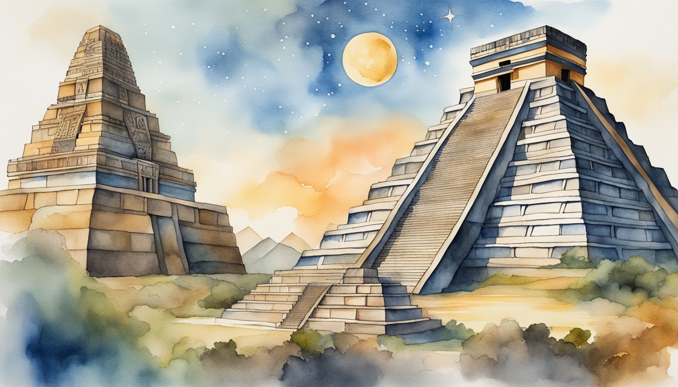 Mayan architecture: towering pyramids, intricate stone carvings, and symbolic glyphs depicting gods and celestial bodies