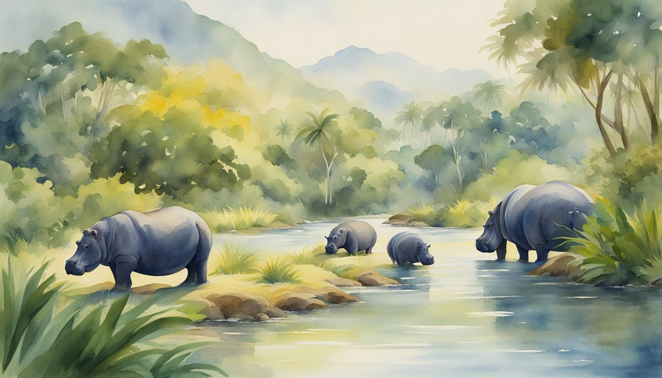 A group of hippos roam a lush, tropical landscape, with a river winding through the scene.</p><p>The hippos are surrounded by vibrant vegetation, and the air is filled with the sounds of wildlife