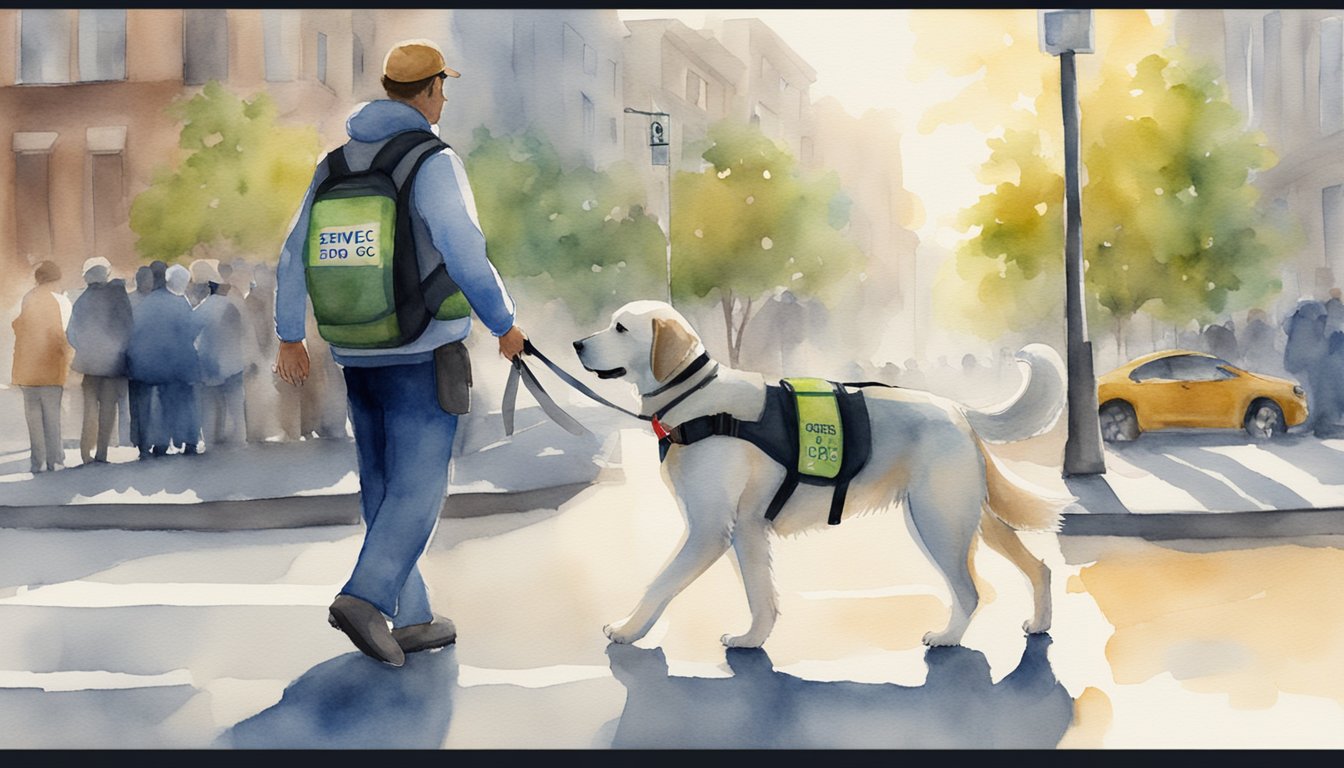 A canine assistance dog stands proudly, wearing a vest with the words "Service Dog" as it guides its human partner across a busy street