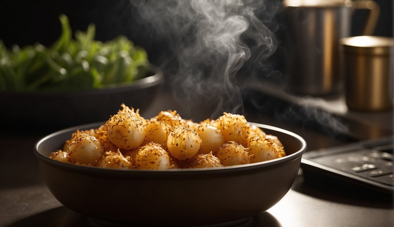 Pearl onions sizzling in an air fryer, emitting golden-brown hues and a tantalizing aroma. The onions are perfectly crisped and ready to be enjoyed