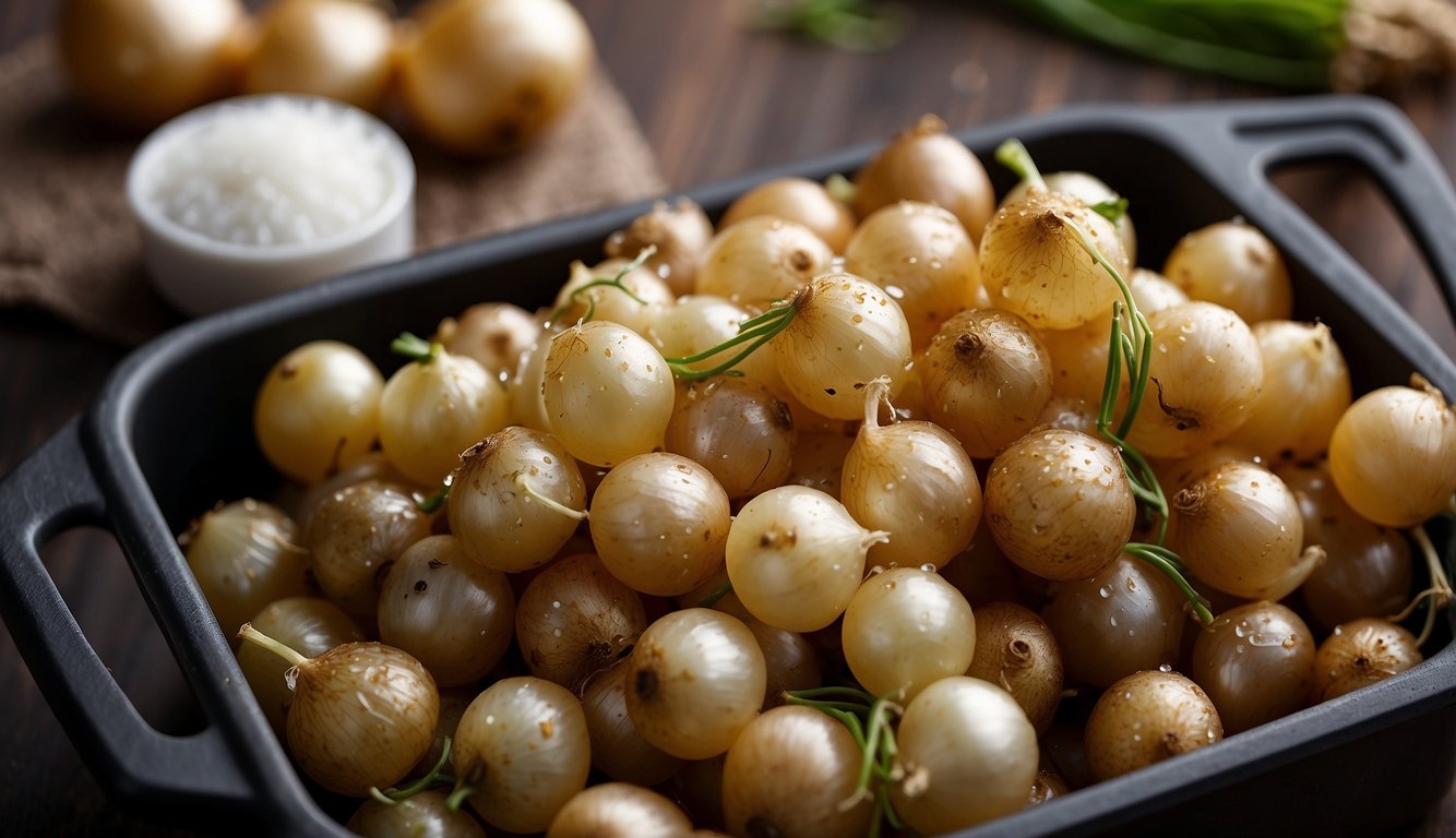 Pearl onions arranged in a single layer in an air fryer basket, with a light coating of oil and sprinkled with salt and pepper