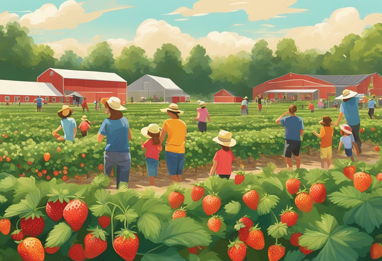 Lush strawberry fields with families picking fruit under the warm sun at a Pick Your Own Farms location near Vaughan, Ontario