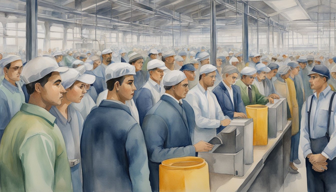 A crowd of people wearing armbands, lined up for work in a factory, while a man watches from a distance with a pensive expression