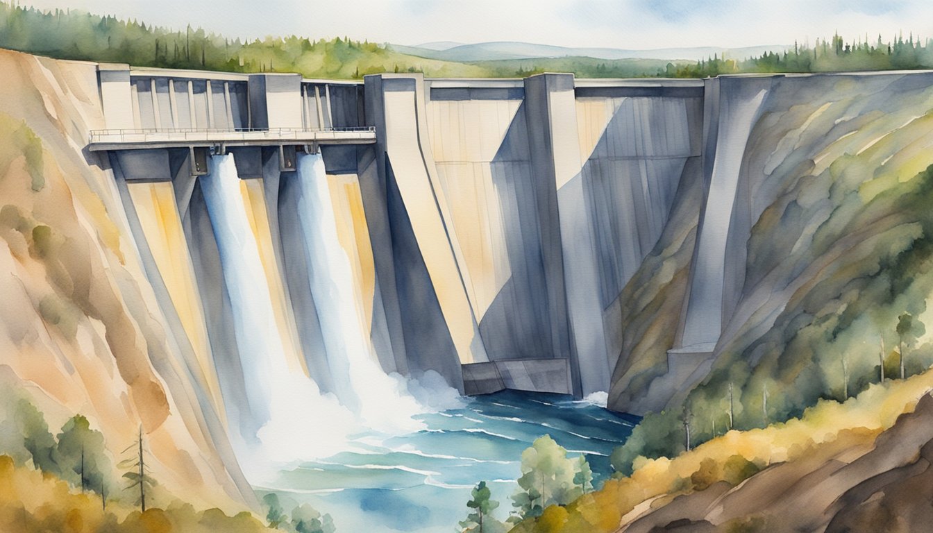 A large dam releases water, powering turbines below.</p><p>Energy is stored and released, illustrating the impact and potential of pumped hydro storage