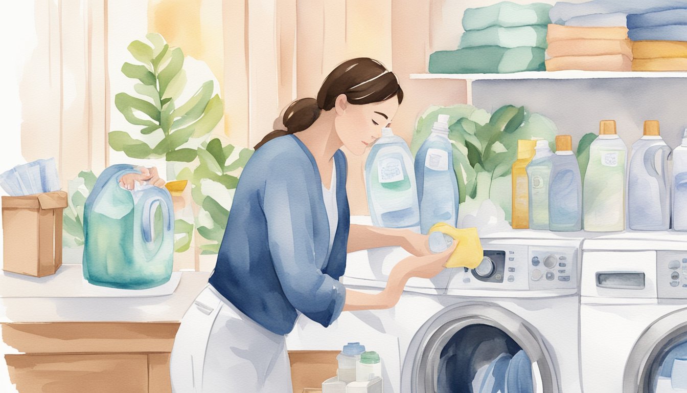 A person pours eczema-friendly laundry detergent into a washing machine, carefully measuring the amount for sensitive skin.</p><p>Nearby, a bottle of fabric softener and a box of fragrance-free dryer sheets sit ready for use