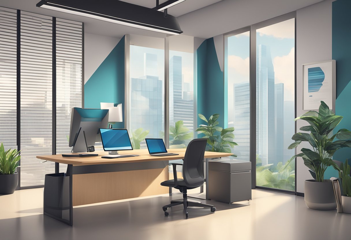 A sleek, modern office space with a computer, phone, and paperwork on a desk. The Parasec logo is displayed prominently on the wall