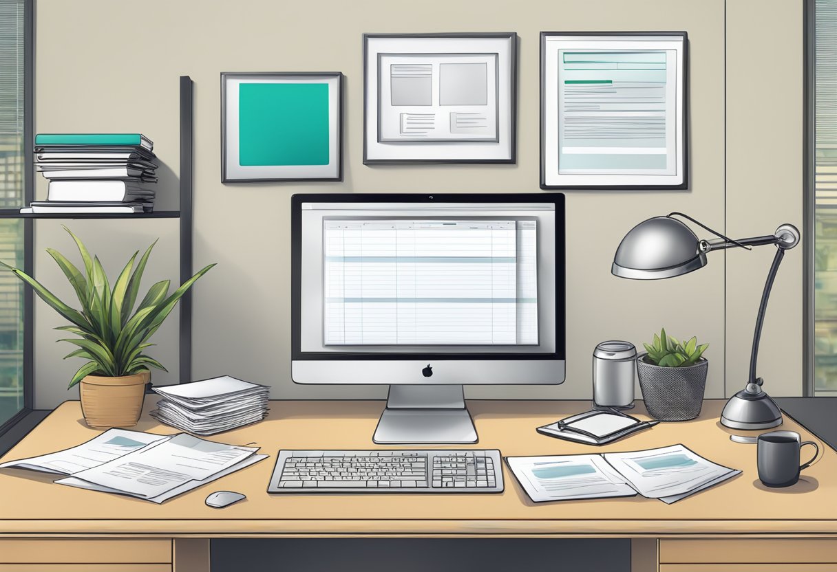 A sleek office desk with a computer, legal documents, and a sign reading "Compliance Solutions Parasec Registered Agent."