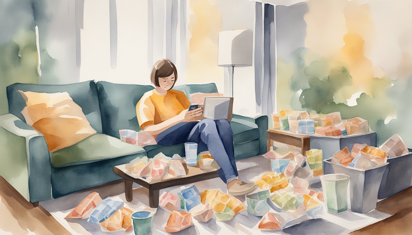 A person sitting on a couch surrounded by empty snack wrappers and a messy living room.</p><p>The person appears relaxed and content while using their phone or watching TV