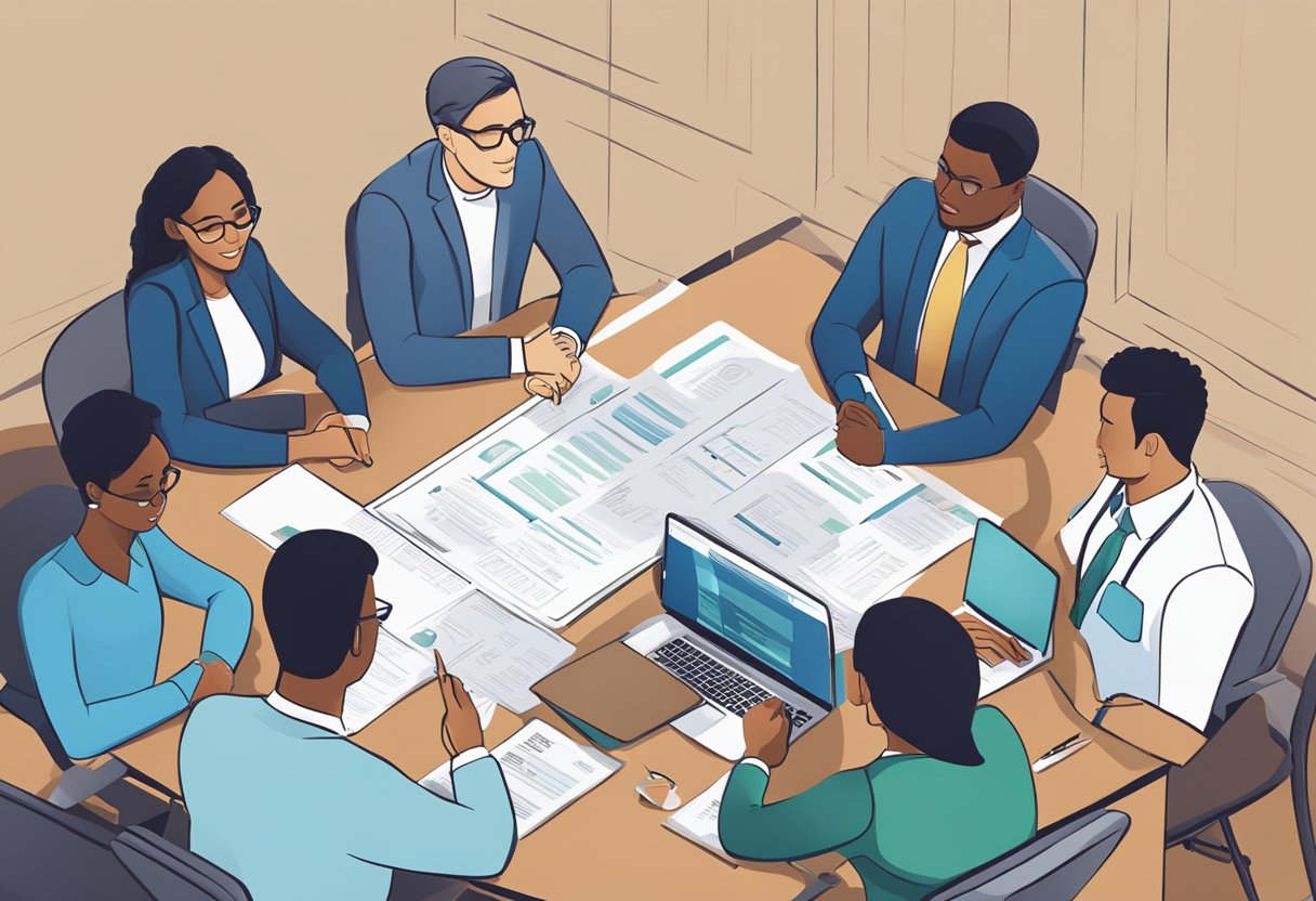 A group of diverse professionals gather around a conference table, discussing the benefits of choosing Parasec as their registered agent. Documents and legal papers are spread out on the table, while the Parasec logo is prominently displayed on a screen in the background