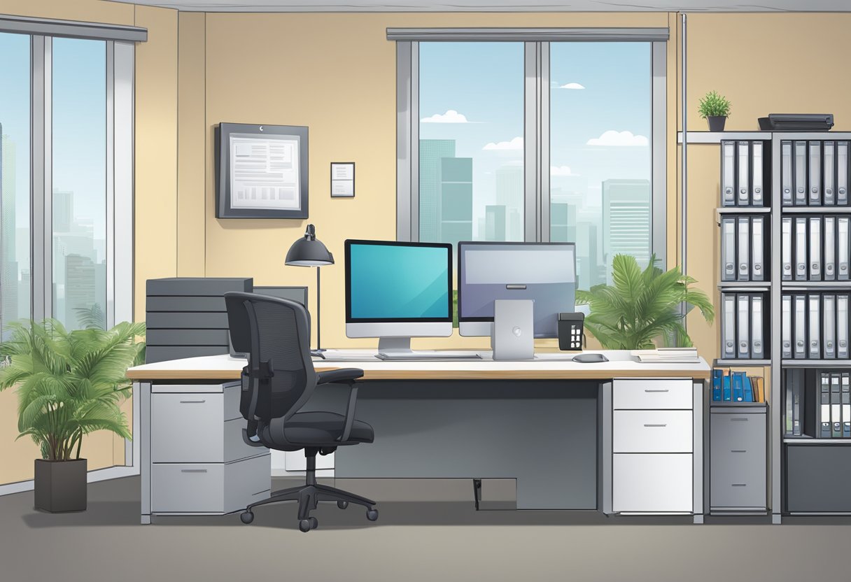 A modern office setting with a desk, computer, and filing cabinets. A sign on the wall displays "Business Entities" and "Parasec Registered Agent."