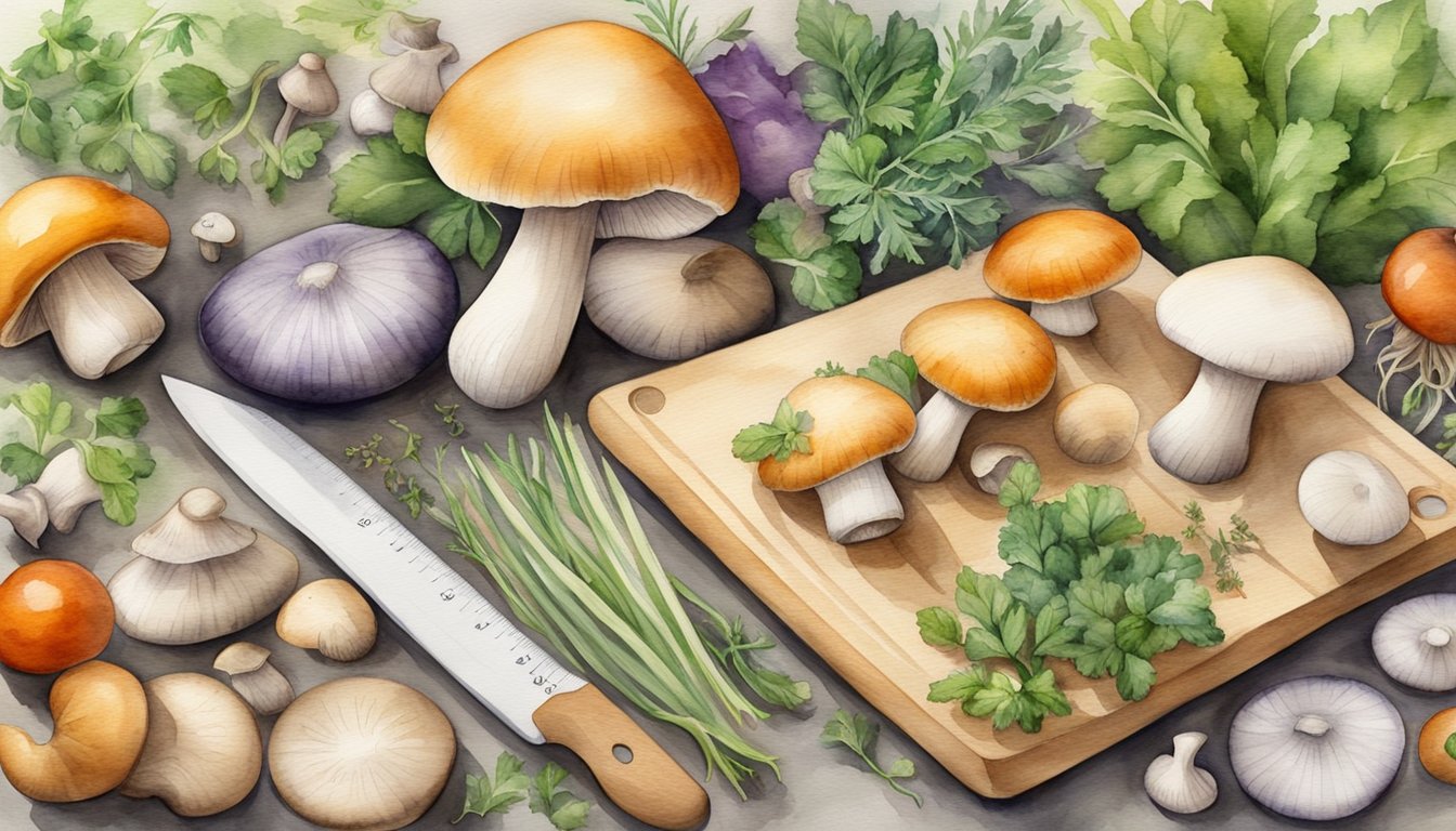 A variety of mushrooms arranged on a cutting board with fresh herbs and vegetables, surrounded by a measuring tape and a scale