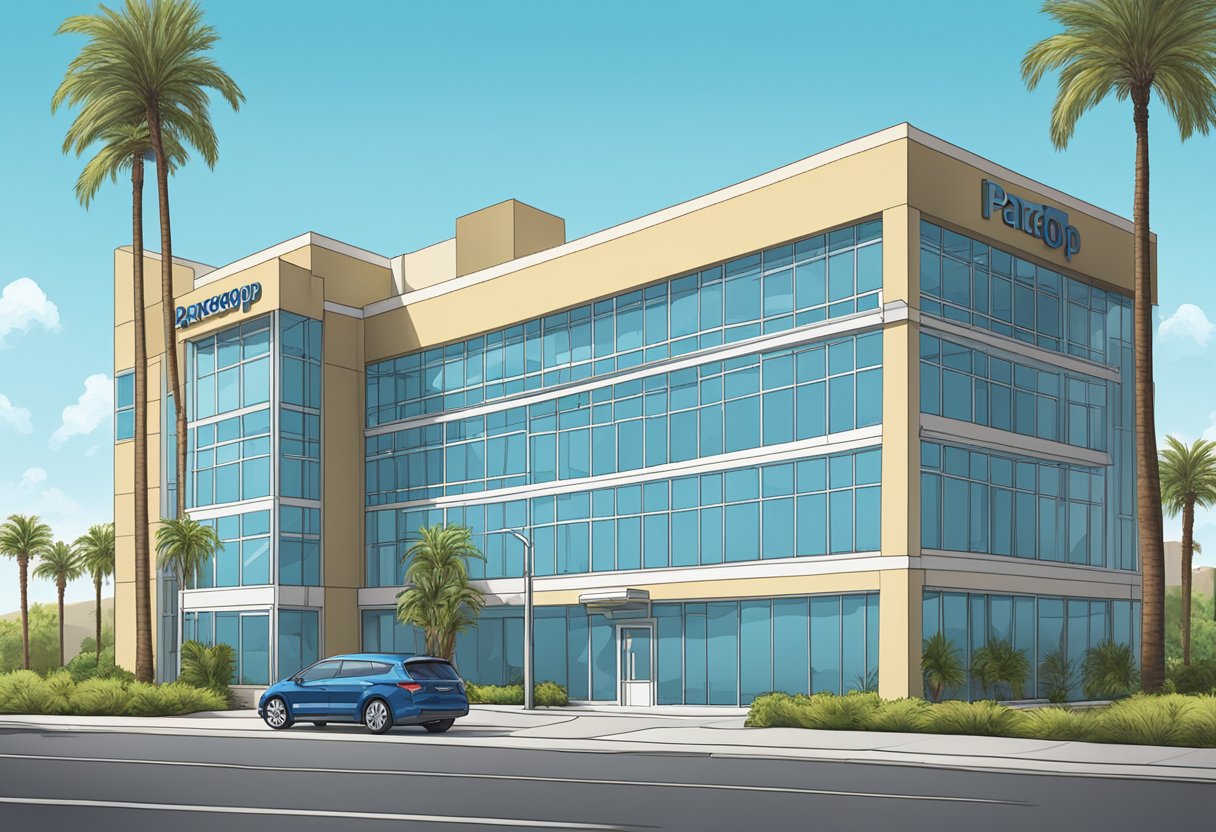 An office building with the sign "Paracorp Incorporated" in California, surrounded by palm trees and a clear blue sky