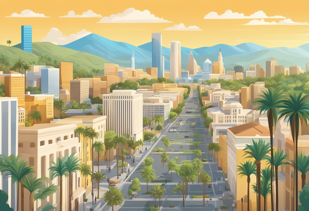 California's Legal Landscape: A bustling cityscape with iconic landmarks, law firms, and courthouses against a backdrop of palm trees and sunny skies