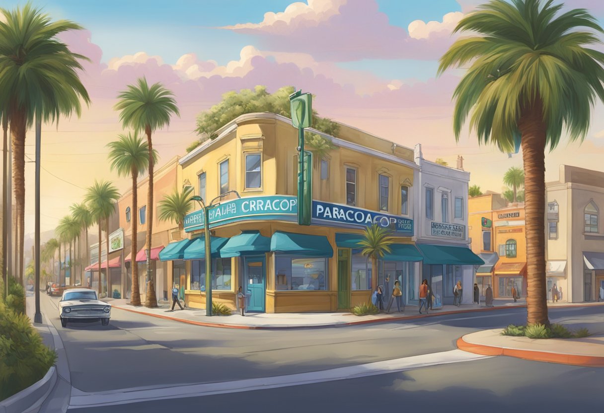 A bustling California street, with a sign for "Paracorp Incorporated" and a registered agent office, surrounded by other businesses and palm trees