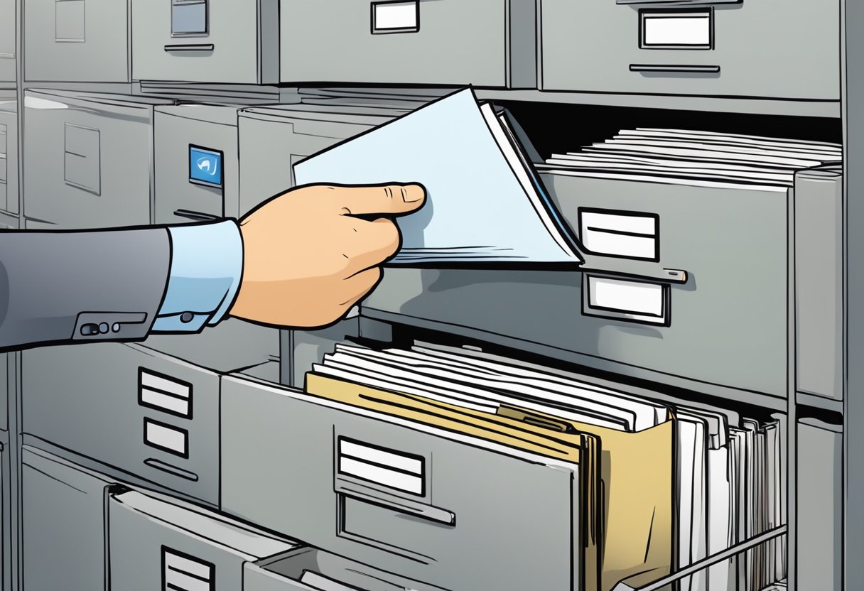 A stack of documents neatly organized in a filing cabinet, with a hand reaching for a specific file labeled "Efficient Document Handling paracorp incorporated registered agent california"