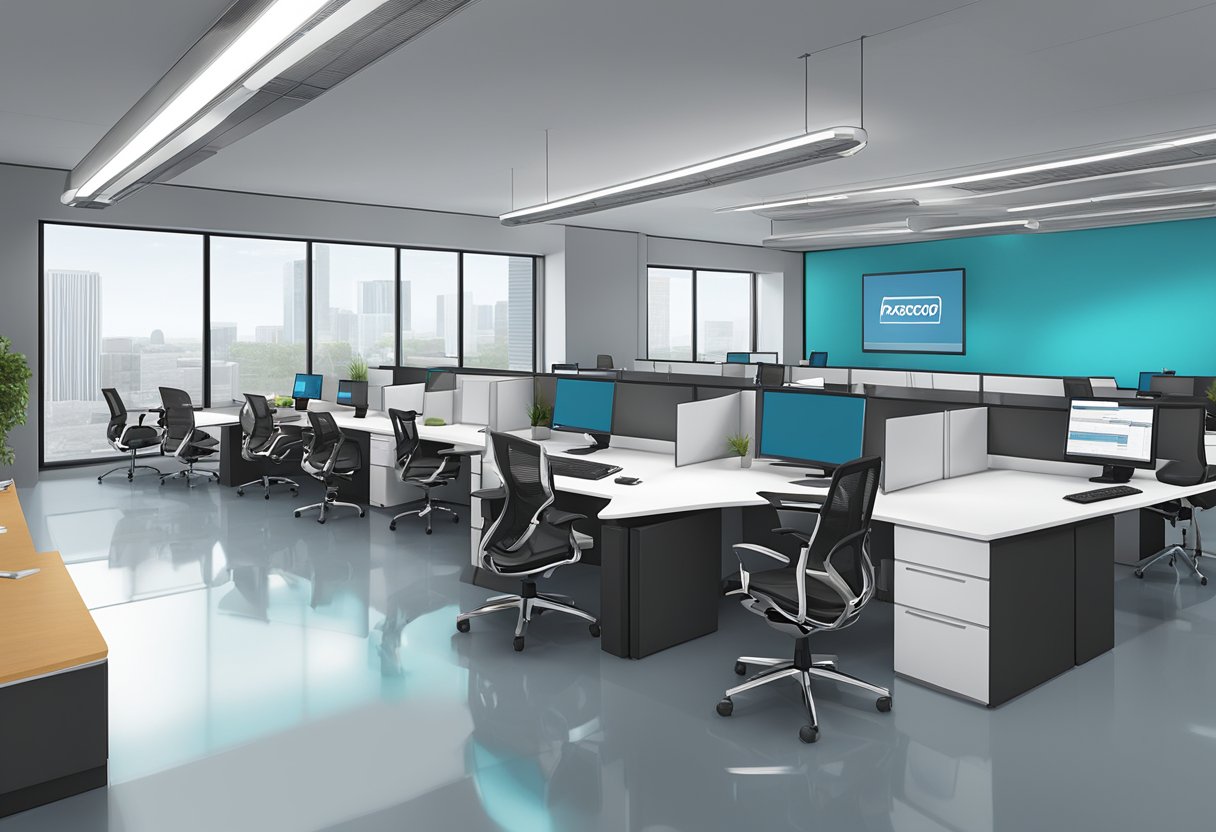 A sleek, modern office space with the Paracorp Incorporated logo prominently displayed on the wall. A team of professionals work diligently at their desks, surrounded by state-of-the-art technology