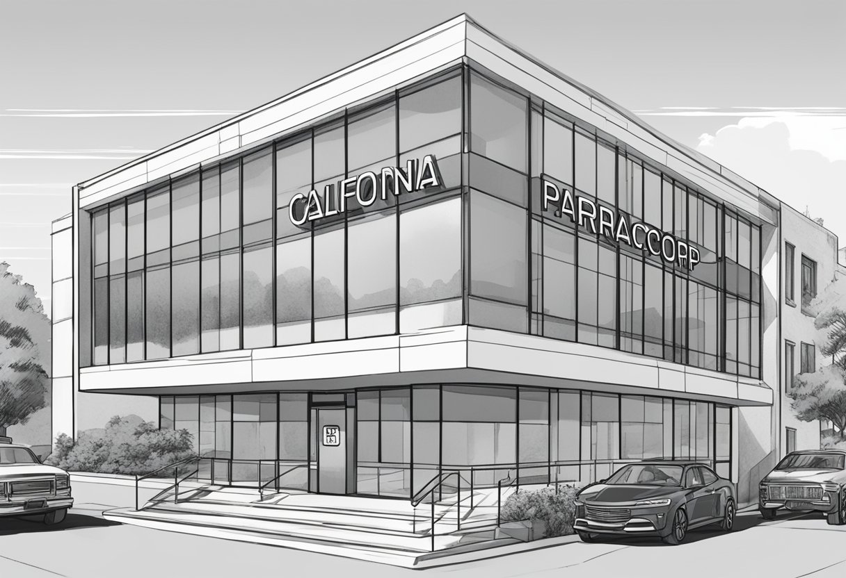 A sleek office building with the company name "California Paracorp Incorporated" displayed prominently above the entrance, with the words "Registered Agent California" in smaller lettering underneath