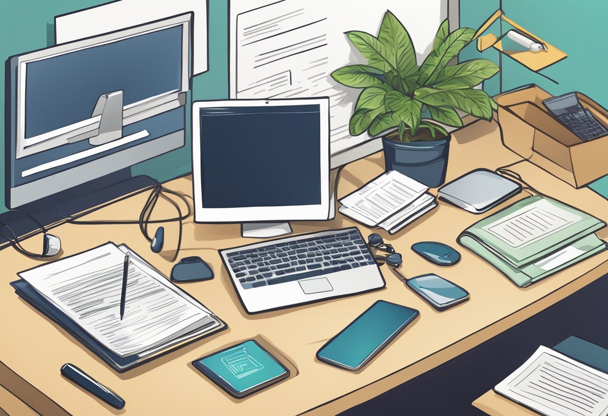 A busy office desk with a computer, phone, and paperwork labeled "Frequently Asked Questions paracorp incorporated registered agent california."