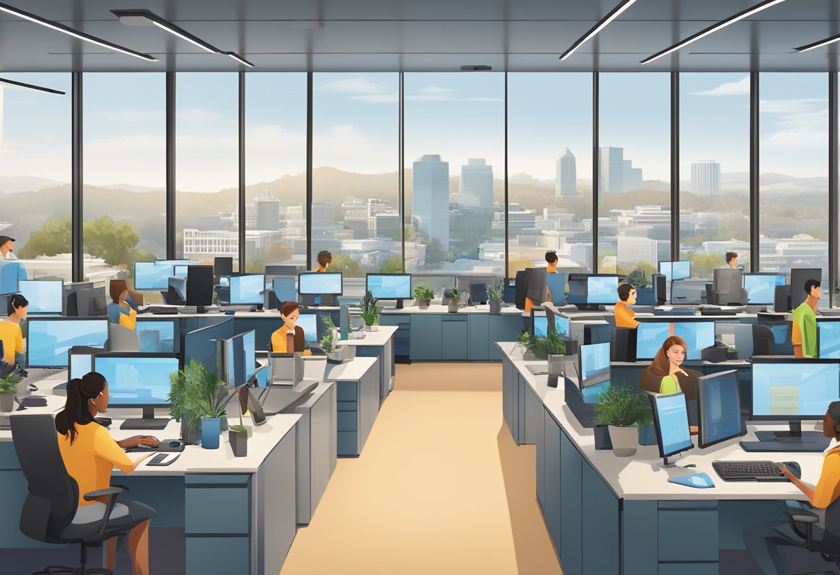 A bustling call center with employees assisting customers at desks in a modern office setting. Computer screens display the company's logo and the cityscape of Sacramento, CA in the background