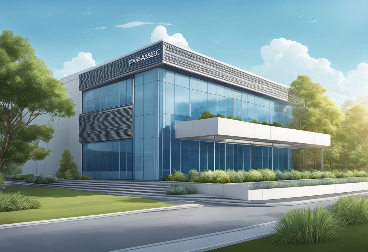 The Parasec logo is displayed prominently on the sleek, modern building of the Parasec headquarters. The building is surrounded by lush greenery and a clear blue sky, giving off a sense of professionalism and success