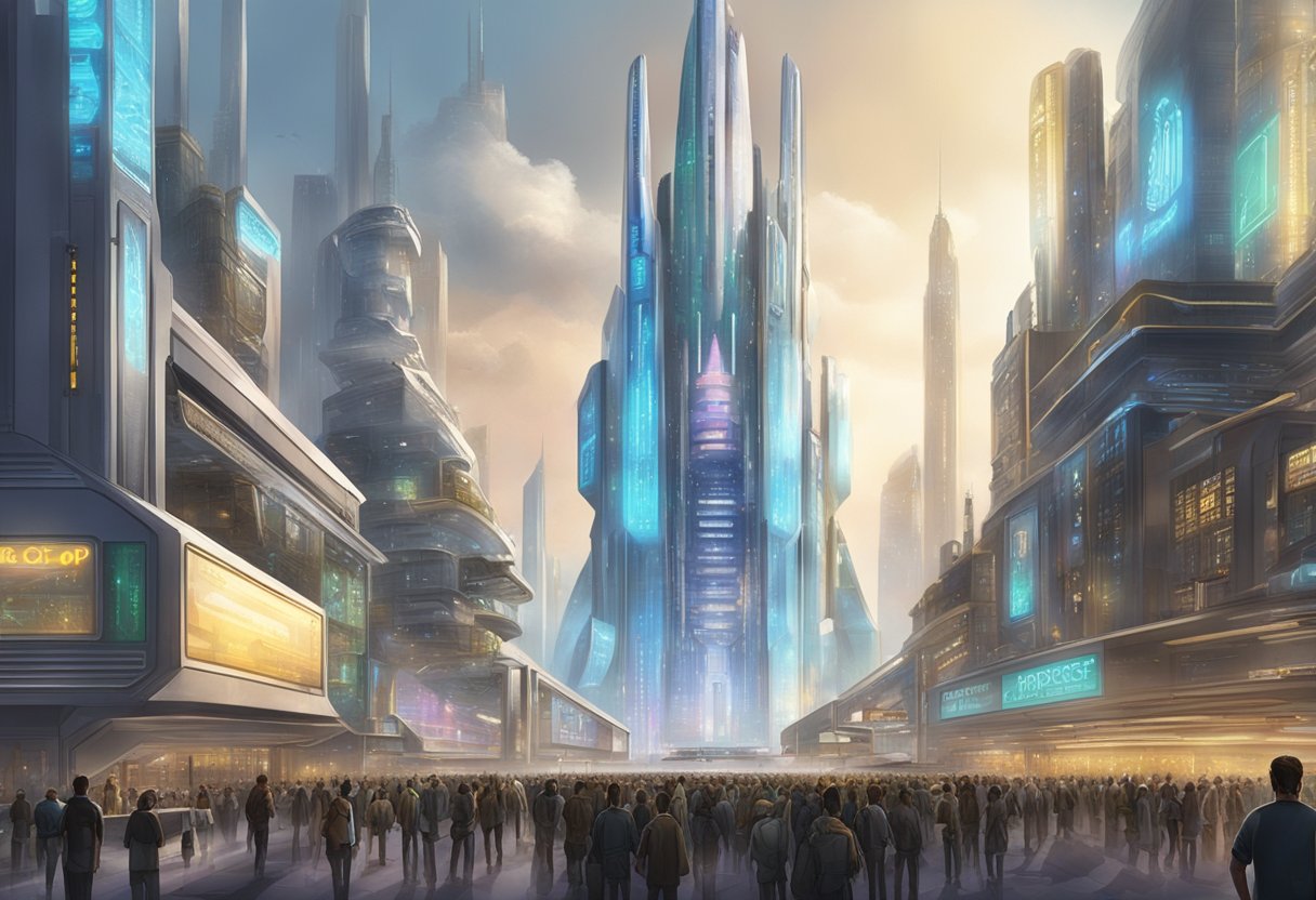 A futuristic cityscape with holographic signs and bustling crowds. A towering building labeled "Paracorp" dominates the skyline, while smaller buildings bear the name "parasec."