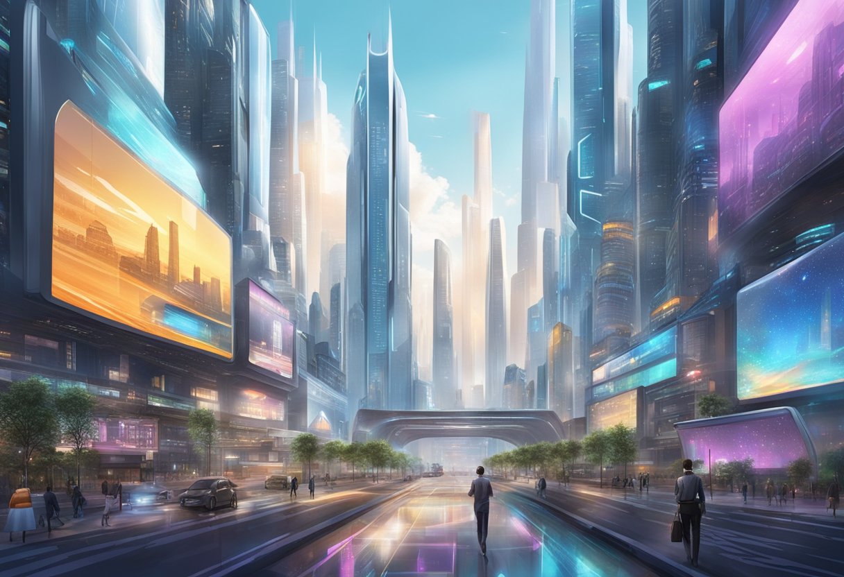 A futuristic cityscape with towering buildings and holographic advertisements, showcasing the integration of technology in everyday life