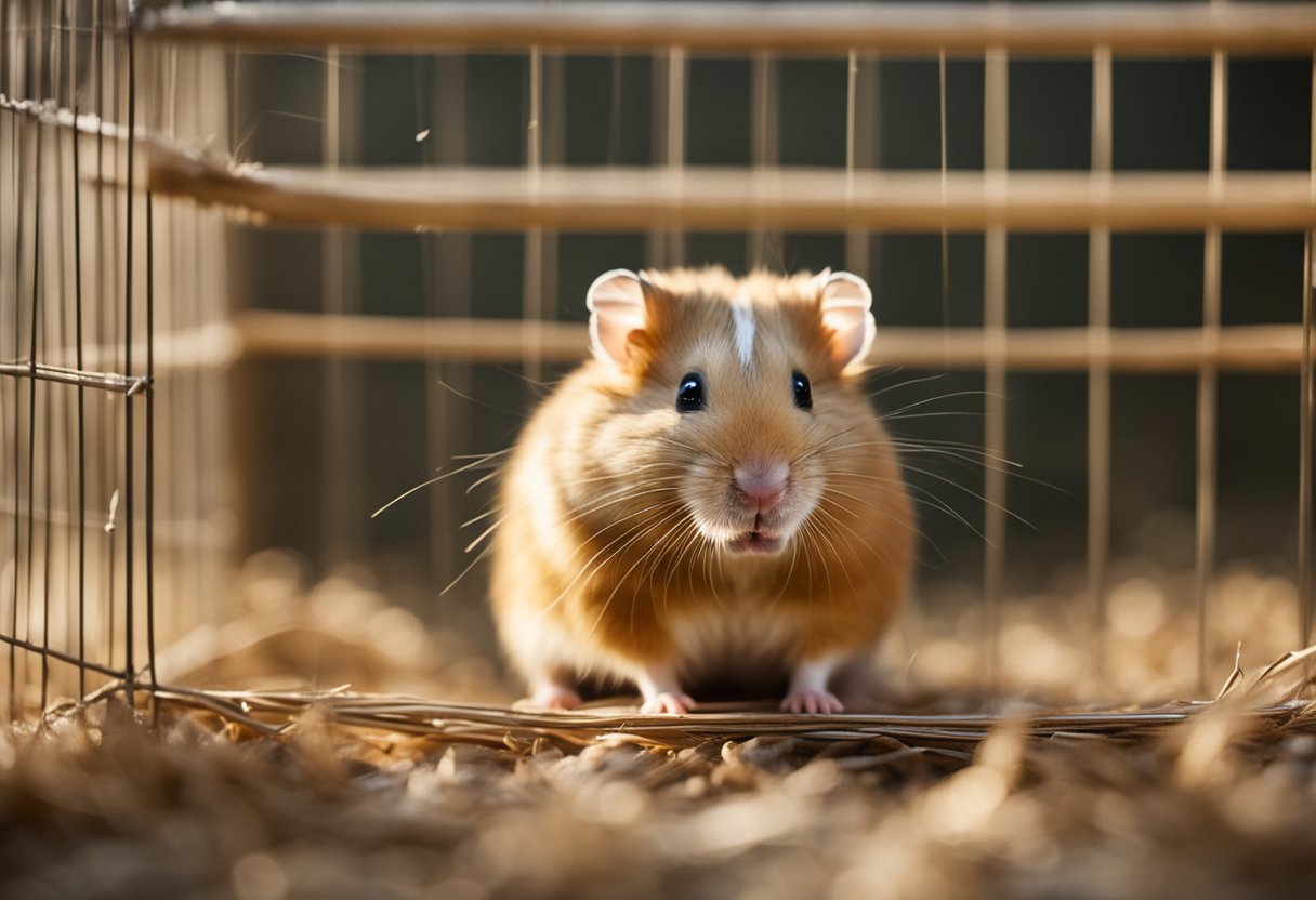 An elderly hamster with thinning fur, surrounded by scattered hair in its cage