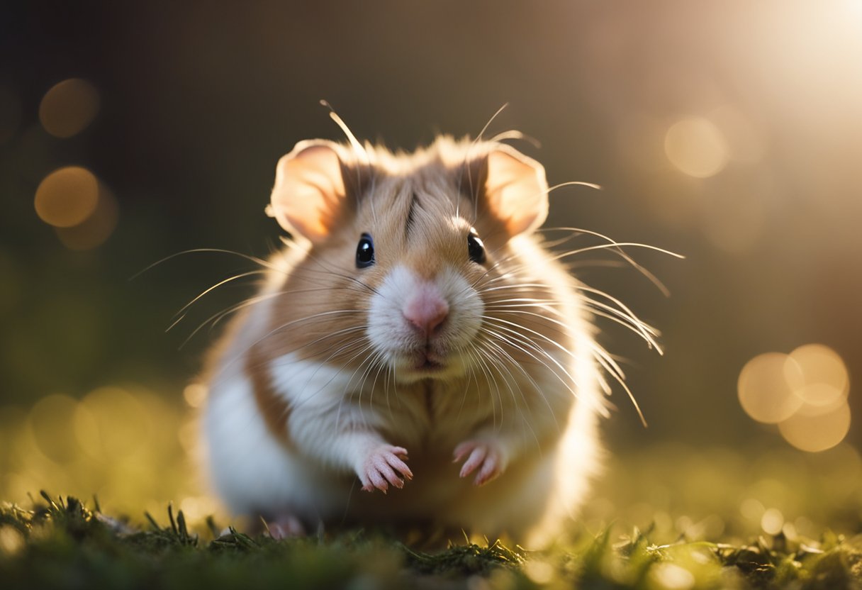 An elderly hamster with thinning fur, surrounded by scattered hair