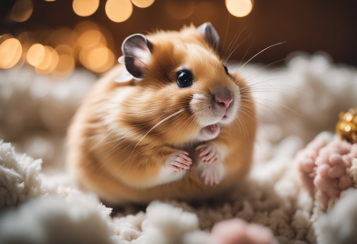 A senior hamster sits in a cozy cage, surrounded by soft bedding and chew toys. A few tufts of fur are scattered around, indicating natural shedding