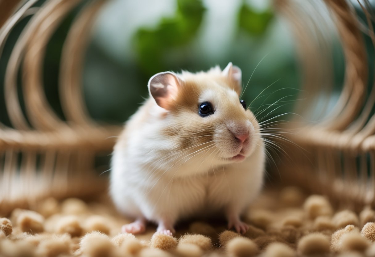 An elderly hamster shedding fur in its cage, surrounded by tufts of hair and a concerned expression on its face