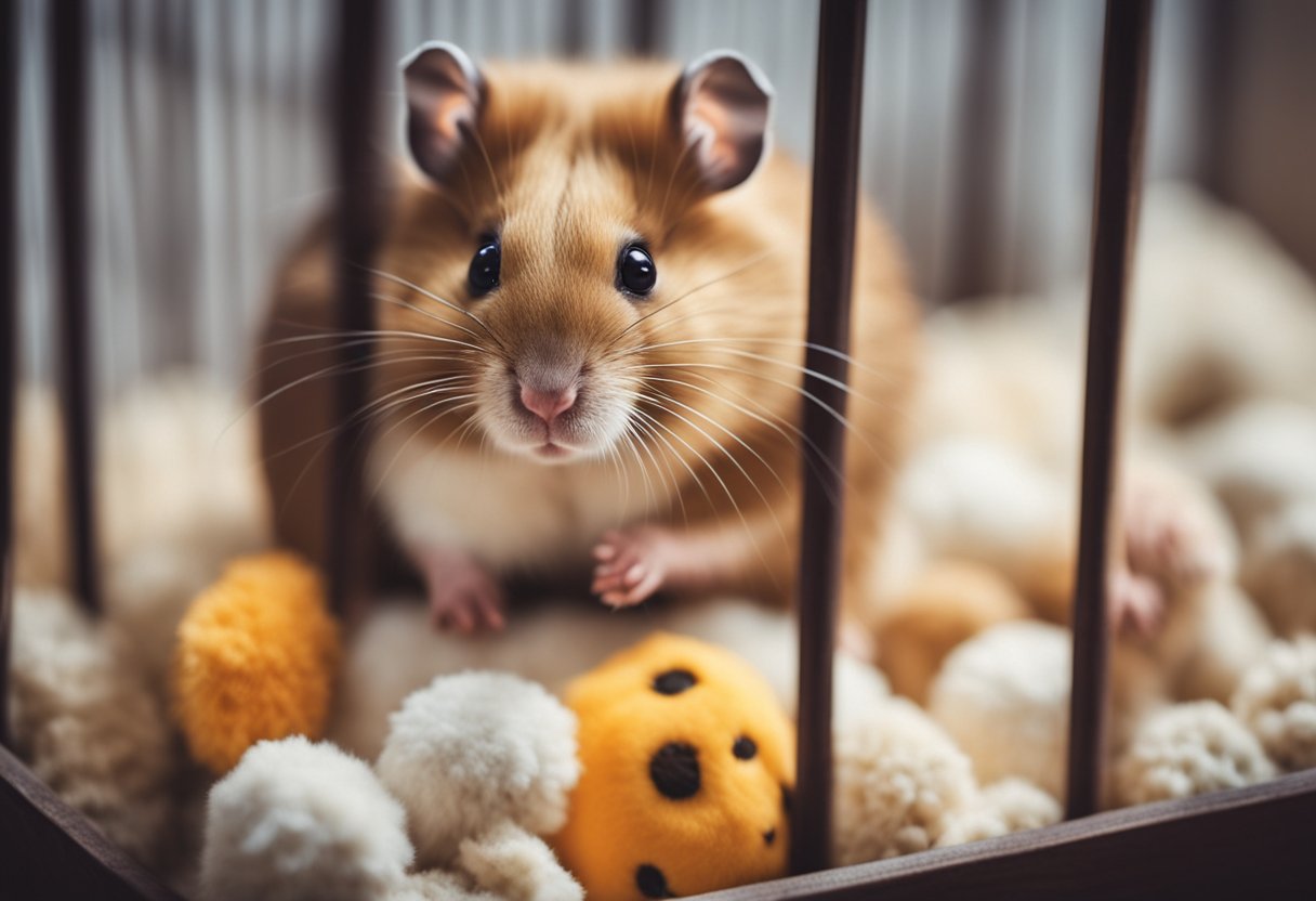 An old hamster with thinning fur sits in a cozy cage, surrounded by bedding and toys. Its fur is patchy, and it looks a bit frail but still curious and alert