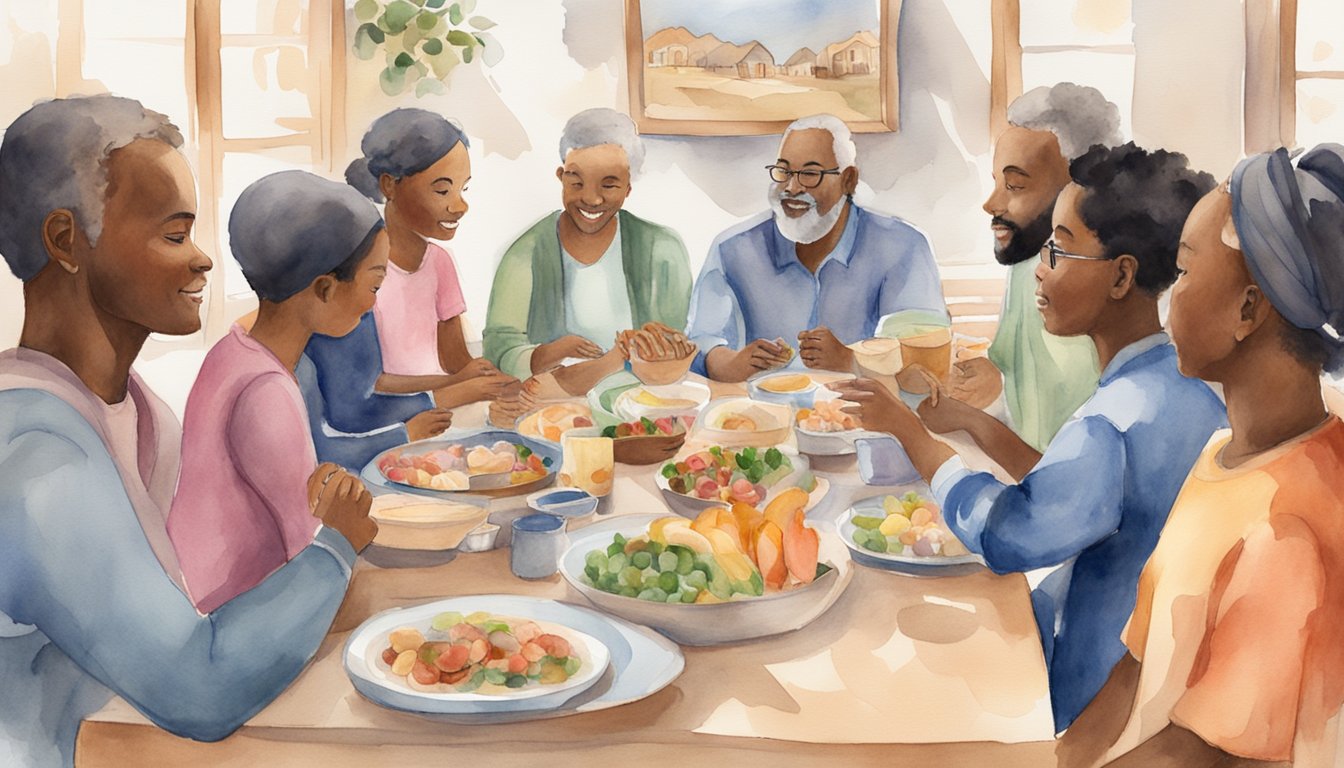 A diverse group gathers around a table, sharing food and conversation.</p><p>A sign reads "Welcome" in multiple languages.</p><p>Bible verses about love and acceptance are displayed on the wall