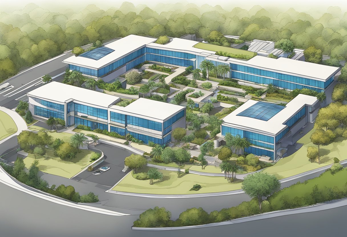 Aerial view of Paracorp California headquarters with modern architecture and lush landscaping