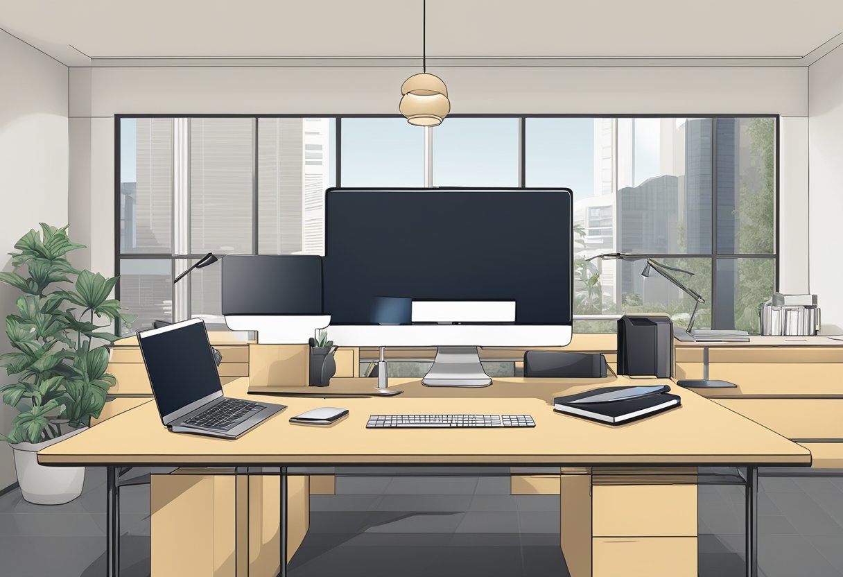 A modern office setting with a sleek desk, computer, and phone. The company logo "Paracorp California" is prominently displayed on the wall