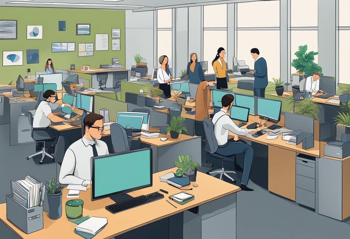 A bustling office with employees assisting clients. Phones ring, computers hum, and a sense of urgency fills the air