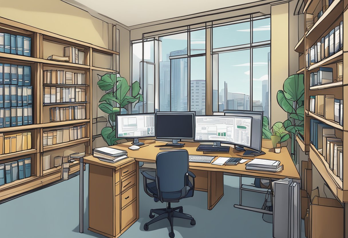 An office setting with books, charts, and a computer displaying "Industry Knowledge and Insights - Paracorp California."