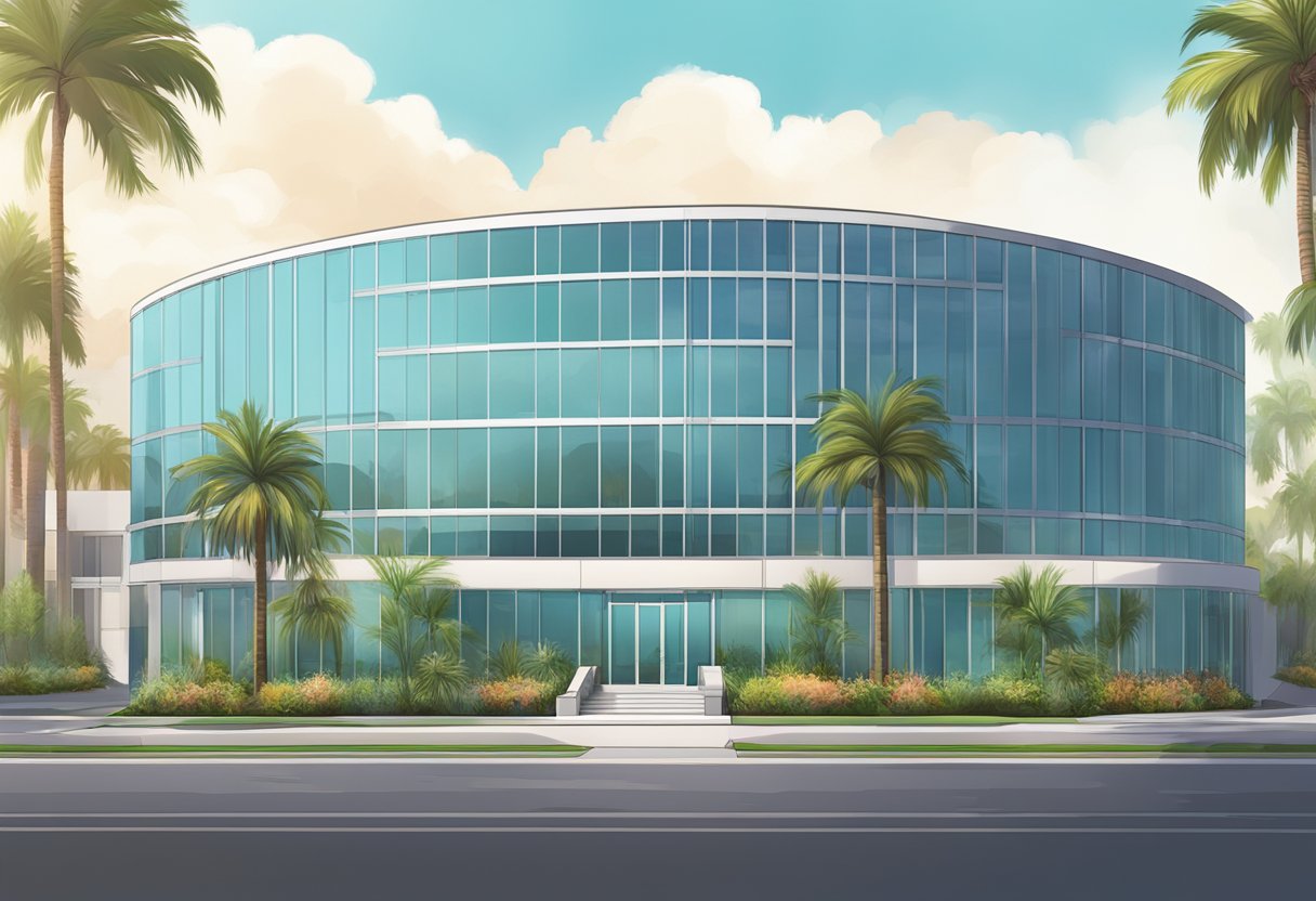 The Paracorp California address: a modern office building with glass façade, surrounded by palm trees and manicured landscaping