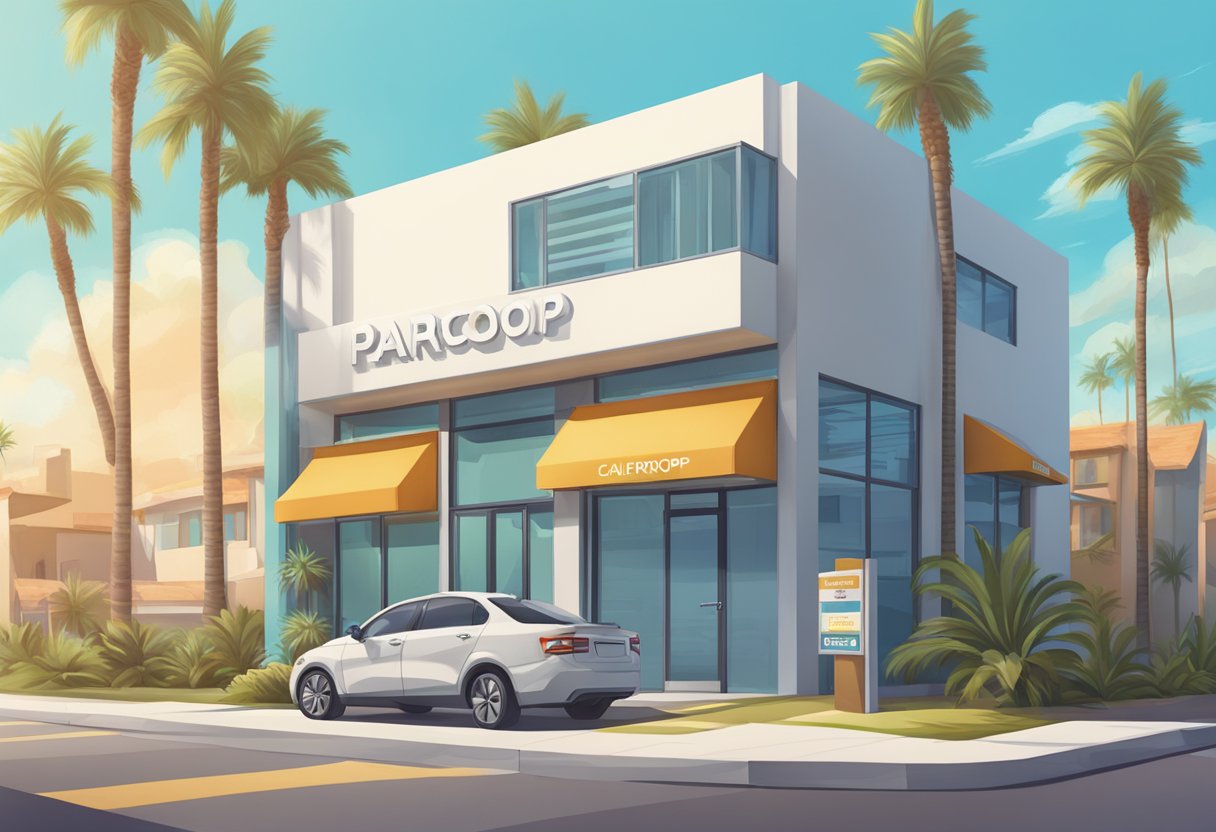 A California address for Paracorp is depicted with a clear, readable sign on a building facade, surrounded by palm trees and a sunny sky