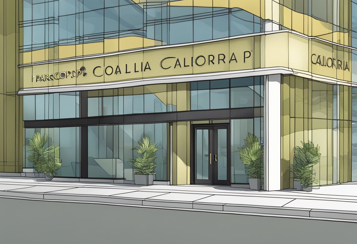 A sleek modern office building with the sign "Paracorp California Address" displayed prominently on the front entrance