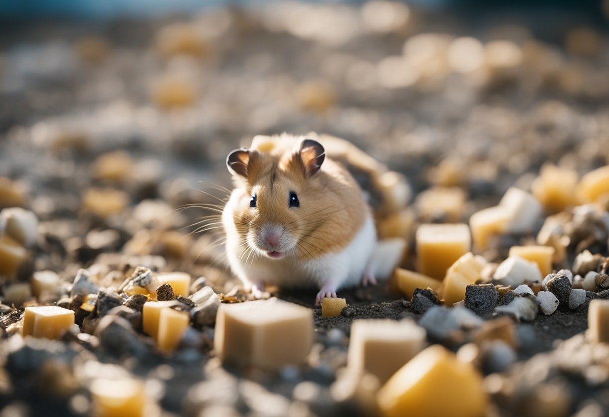 Hamsters in various states of distress, surrounded by common hazards like sharp objects, extreme temperatures, and inadequate living conditions