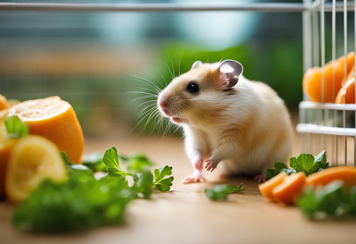 A hamster in a clean, spacious cage with fresh food and water, and a small exercise wheel