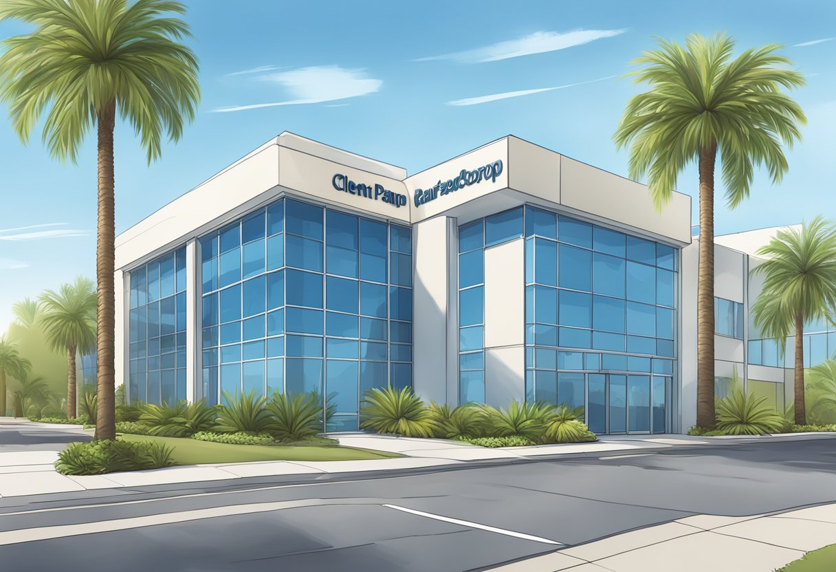 A modern office building with the sign "Client Resources Paracorp California" on the exterior. The building is surrounded by palm trees and has a clear blue sky in the background